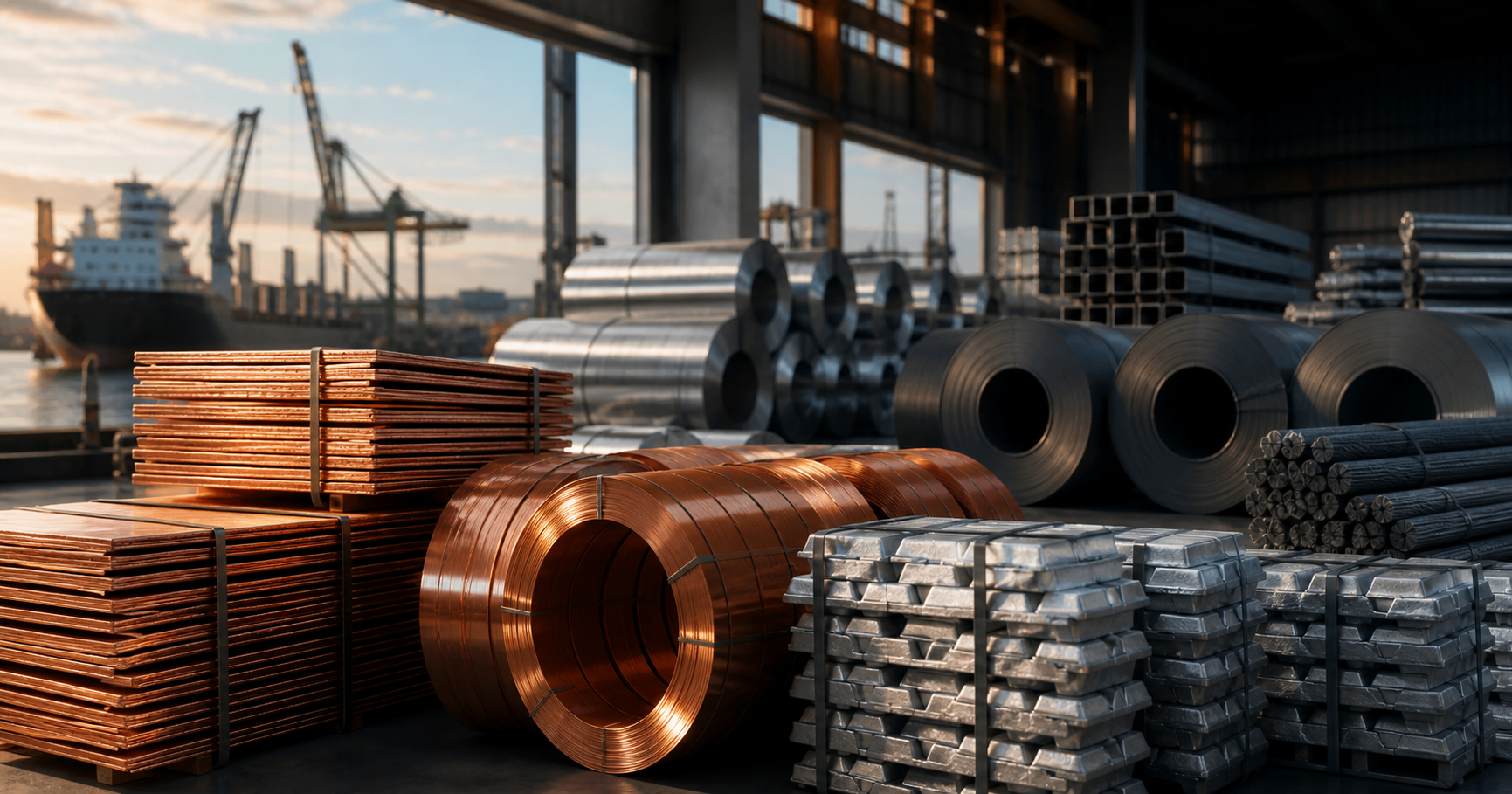 Copper, steel and aluminium at industrial port
